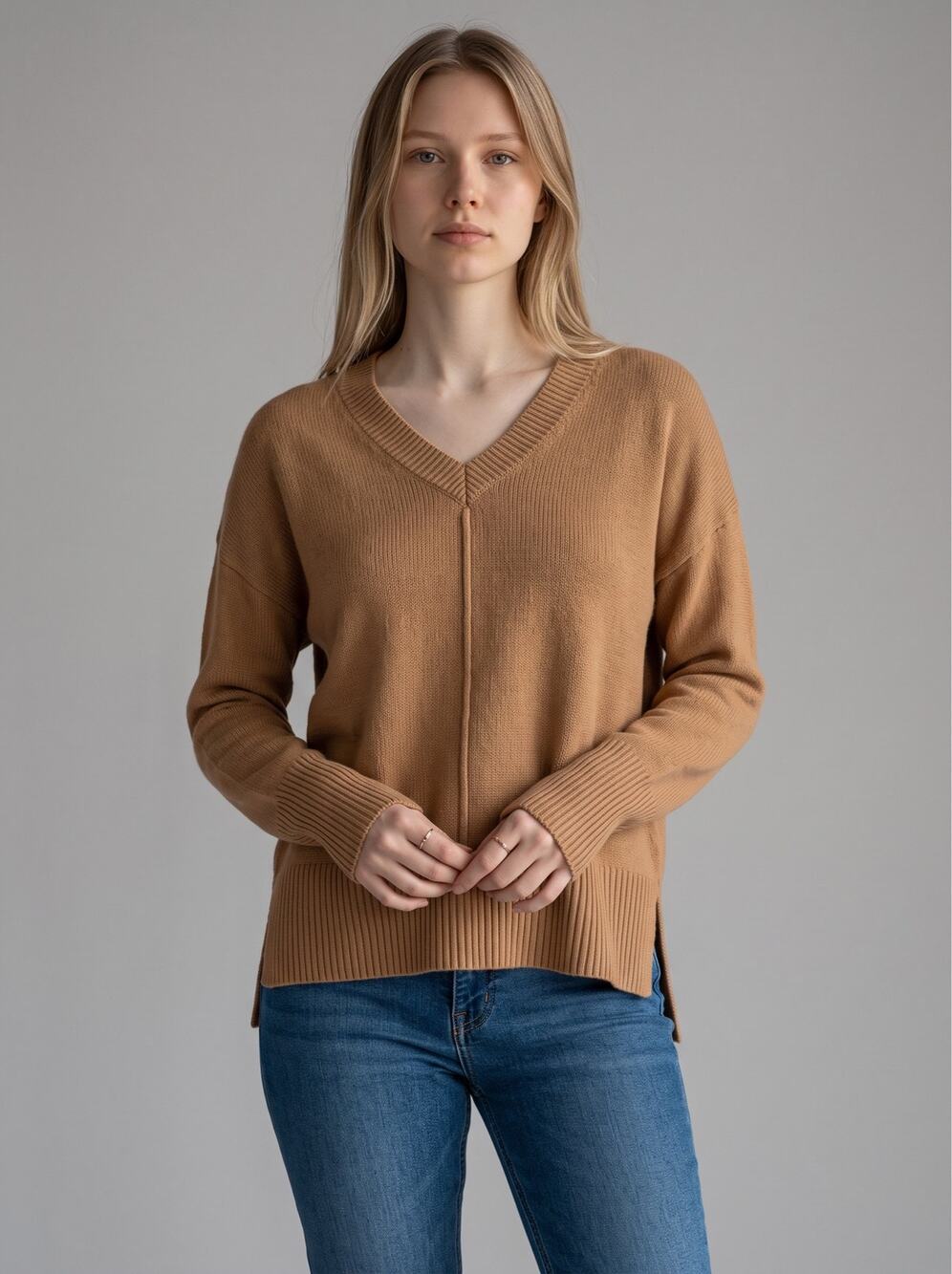 TAHARI Camel Tan V-Neck Knit Drop Shoulder Cozy Chic Pullover Sweater Size XS
